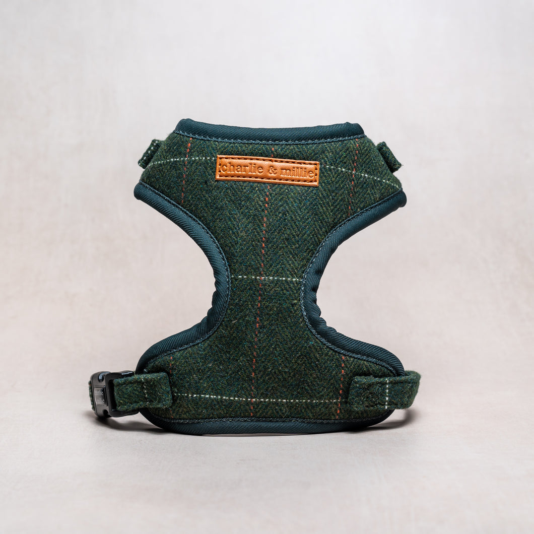 Tweed Dog Harness | Forest Green Herringbone - Charlie and Millie Co